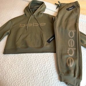 NWT Bebe Sport Hoodie and Pants Tracksuit Size L Olive Cotton bl…